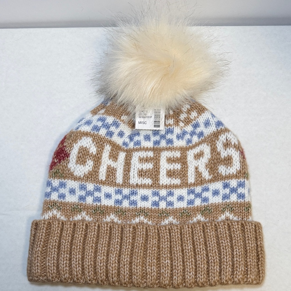 “CHEERS” a Happy Day Fair Isle Knit Pom Beanie Hat  Faux Fur Pom Winter Hat